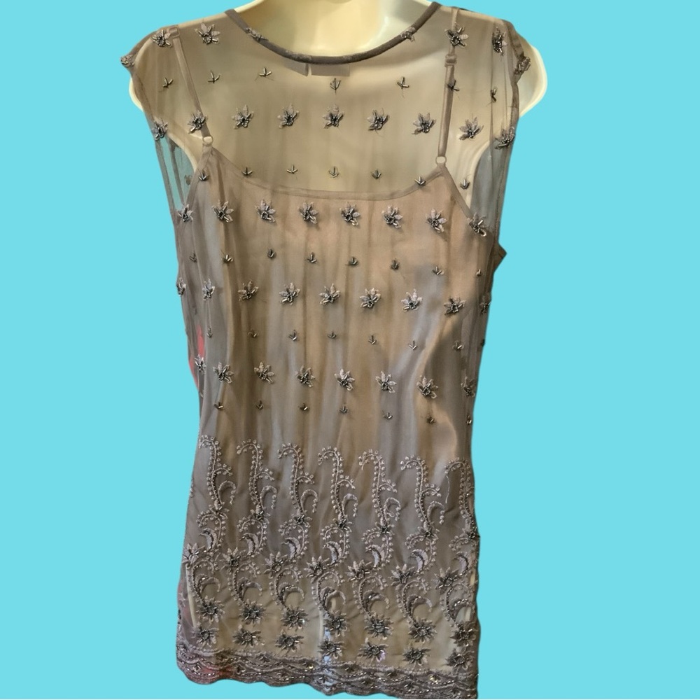 Embroidered Beaded Sheer Top With Attached Camisole Girly Feminine Size 12 - Picture 5 of 16